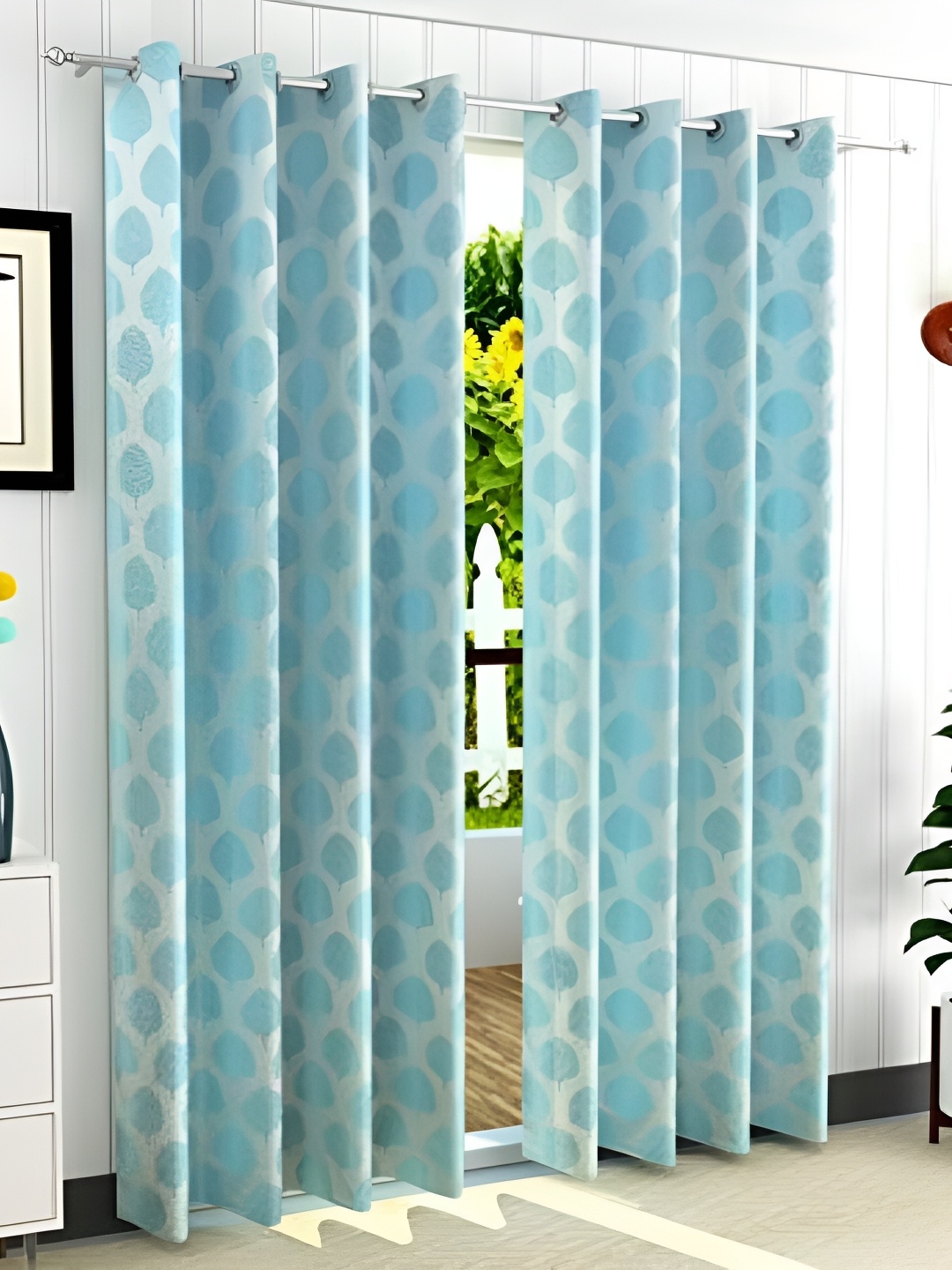 

RIDHAAN Blue 2 Pieces Floral Jacquard Eyelet Room Darkening Door Curtain