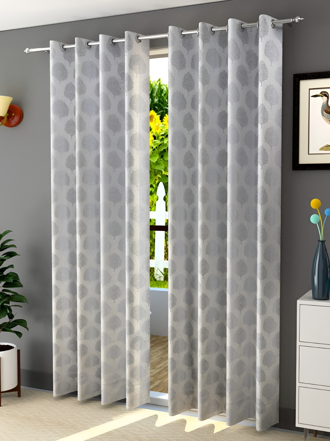 

RIDHAAN Grey & White 2 Pieces Floral Jacquard Eyelet Room Darkening Door Curtain