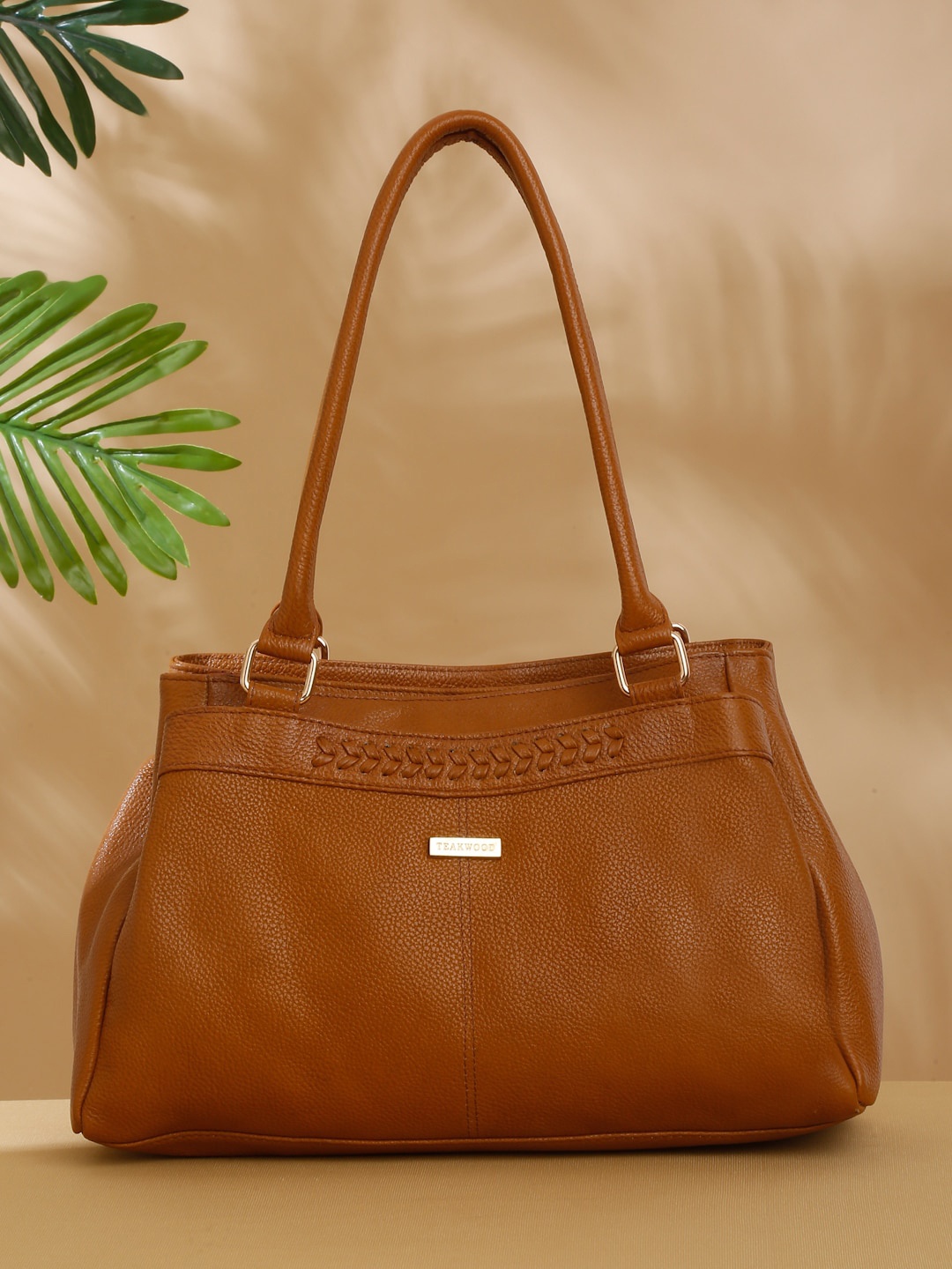 

Teakwood Leathers Leather Structured Handheld Bag with Cut Work, Yellow