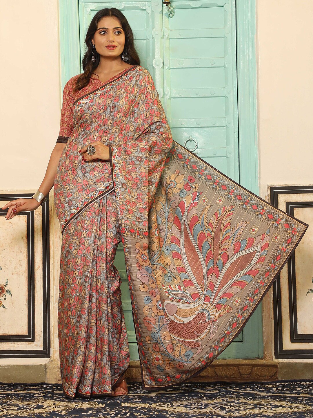 

Aanys Culture Kalamkari Digital Printed Saree, Grey