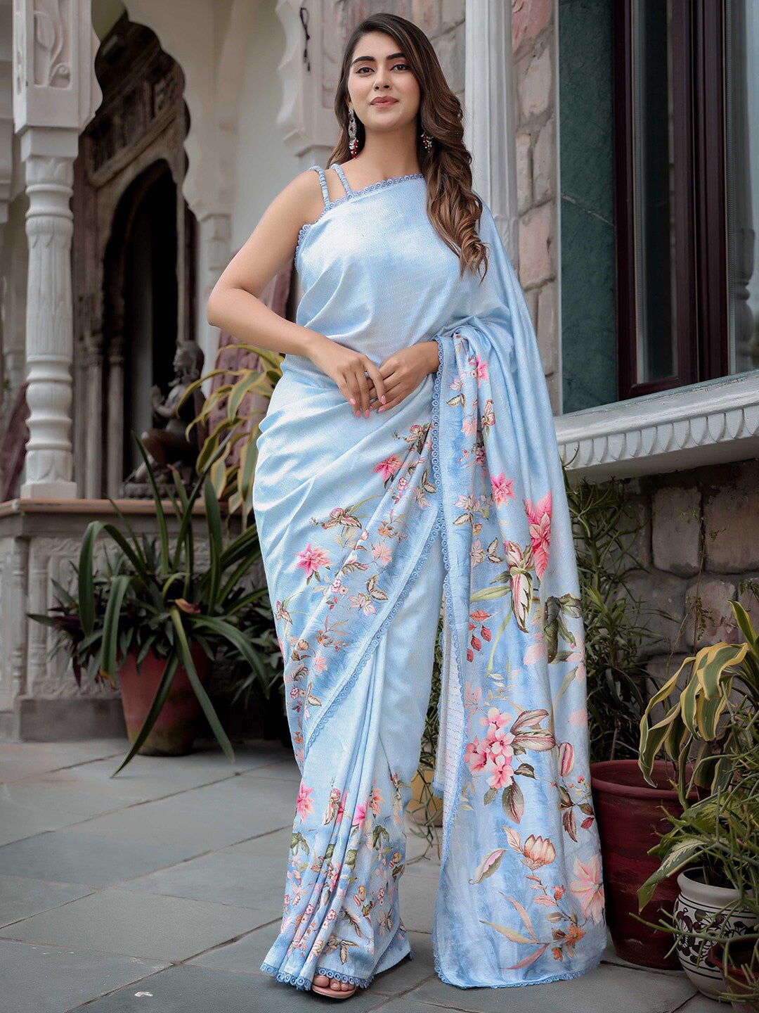 

Aanys Culture Floral Printed Saree, Blue