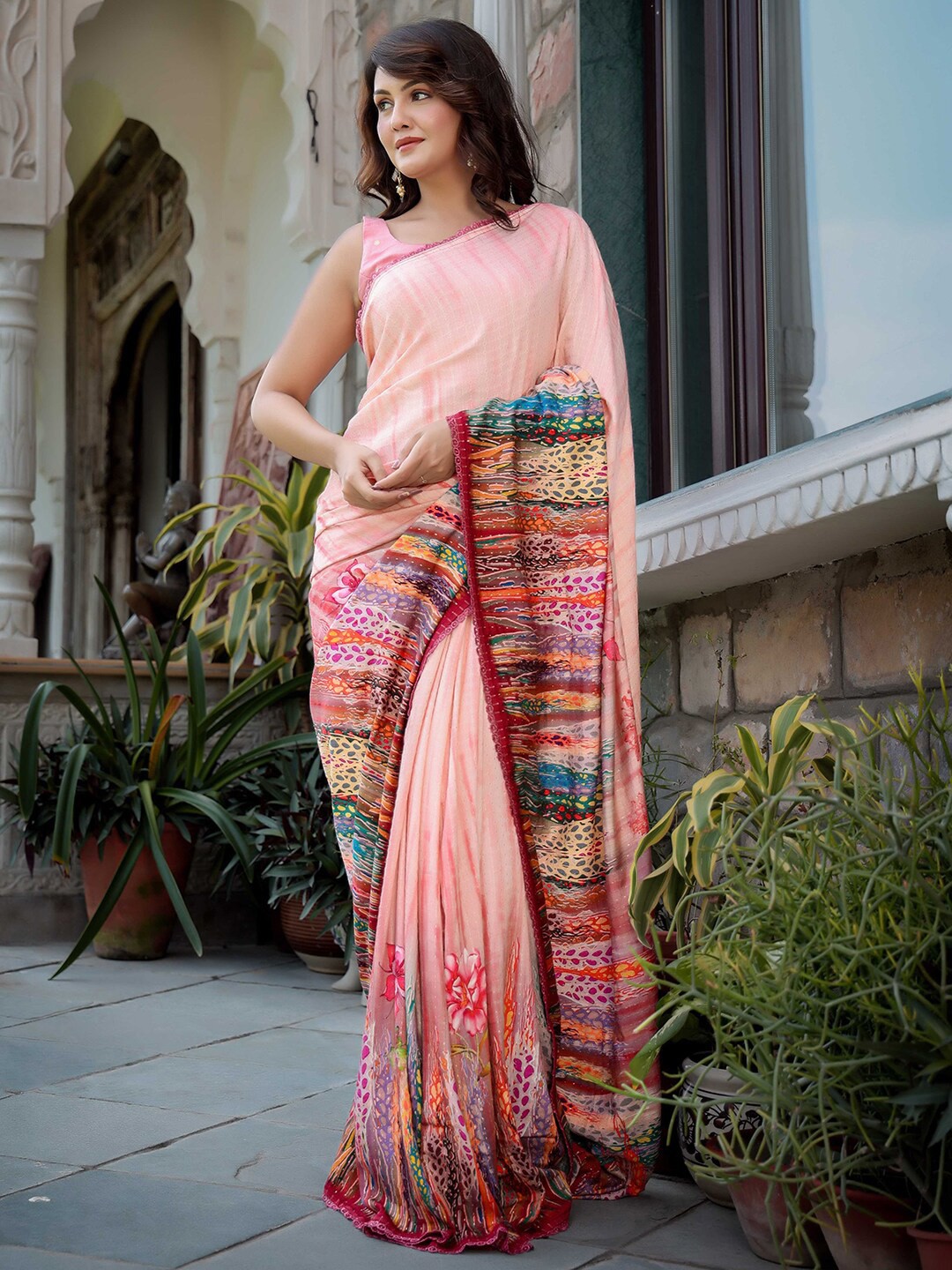 

Aanys Culture Embroidered Floral Printed Saree, Pink