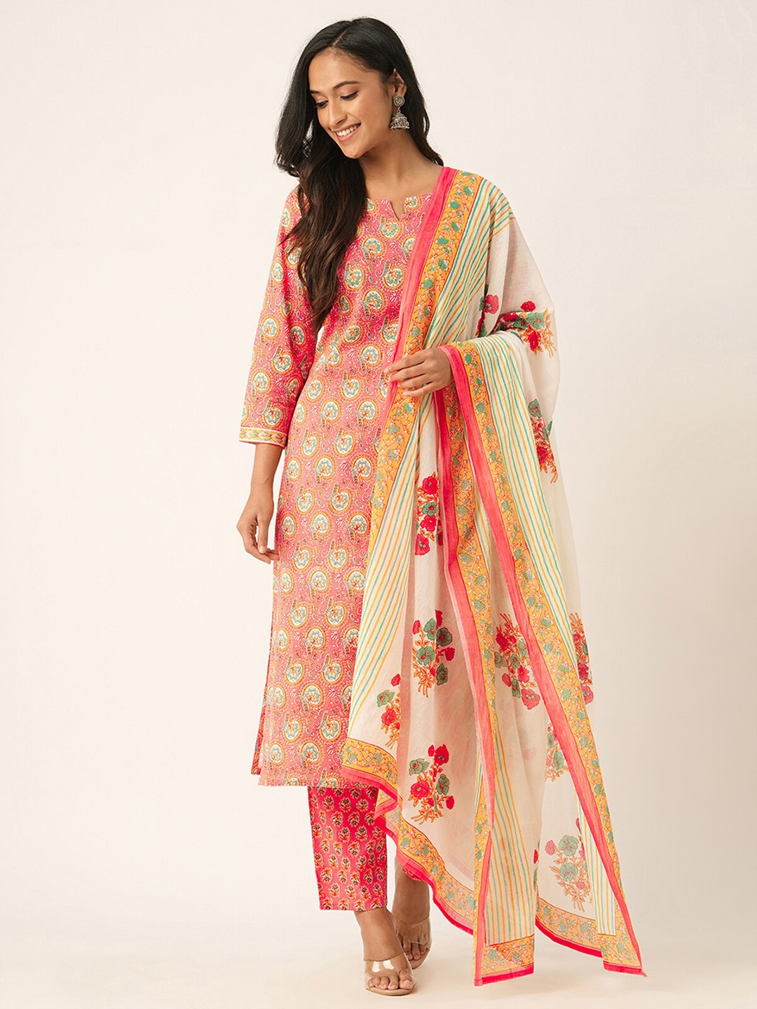 

ODETTE Floral Printed Regular Straight Kurta With Trousers & With Dupatta, Pink