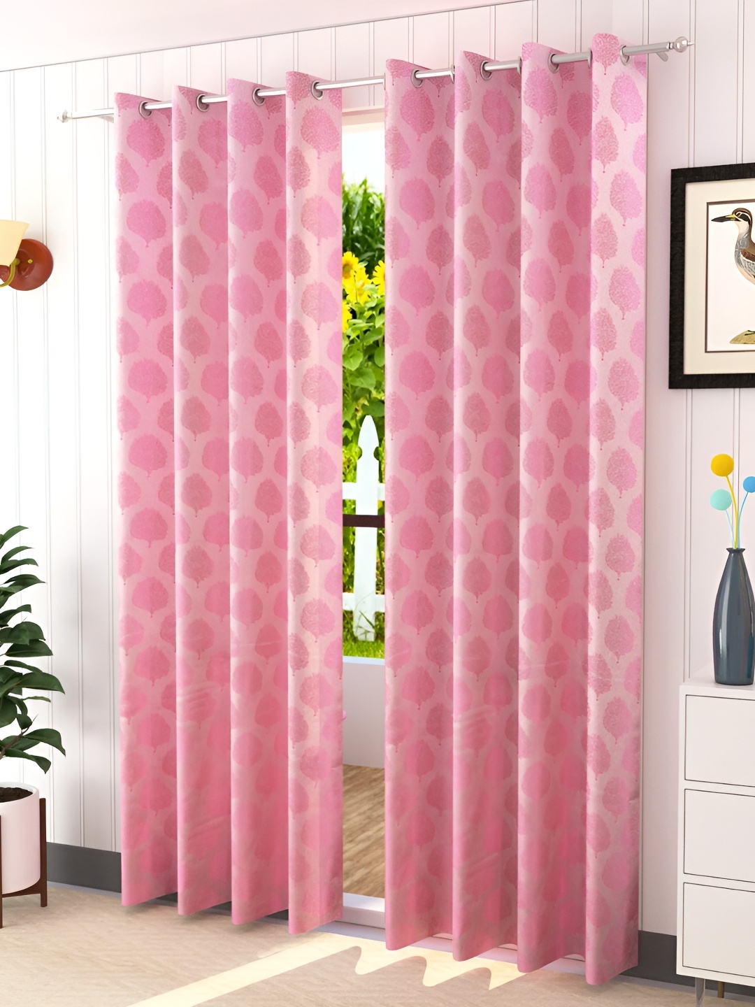 

RIDHAAN Pink 2 Pieces Floral Jacquard Eyelet Room Darkening Long Door Curtain