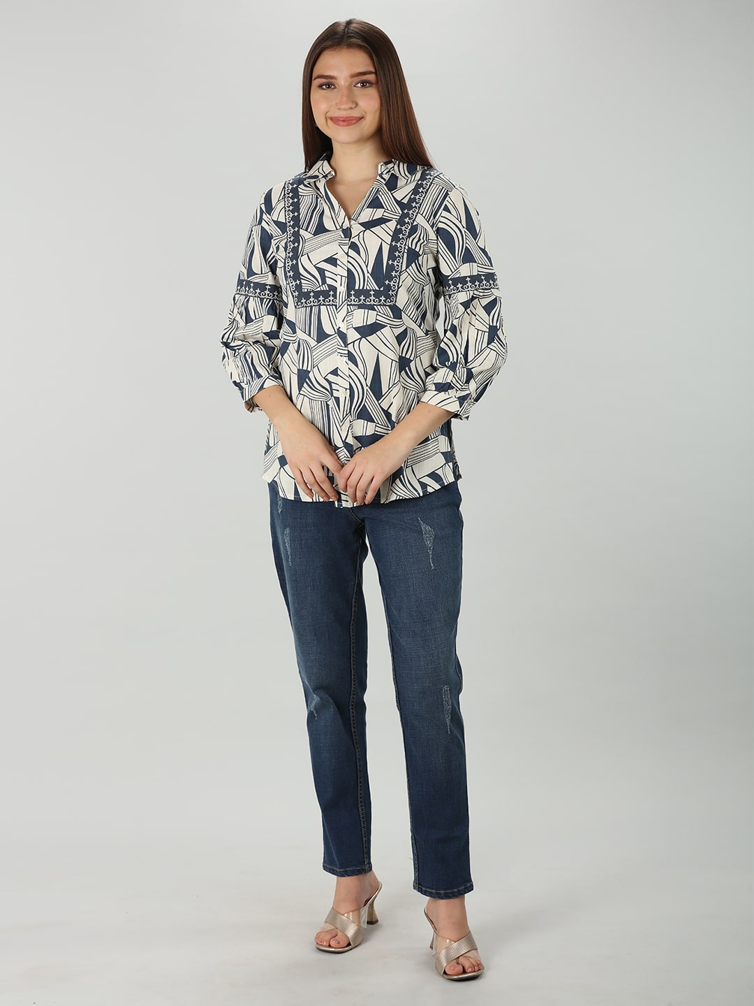 

Mustard Abstract Printed Embroidered Casual Shirt, White