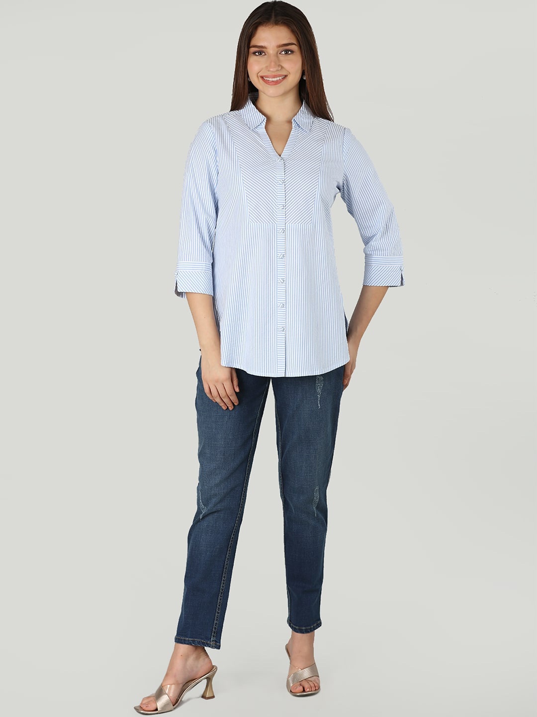 

Mustard Spread Collar Striped Casual Shirt, Blue