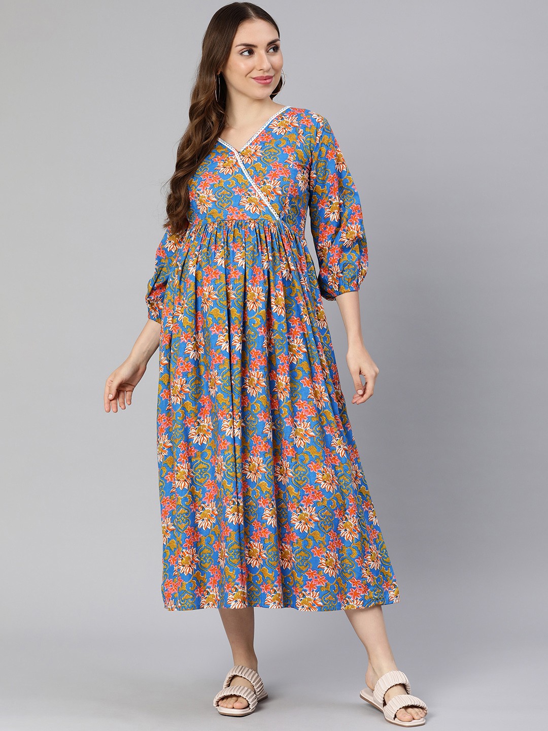 

Swishchick Floral Print Puff Sleeve Maternity Fit & Flare Midi Dress, Blue