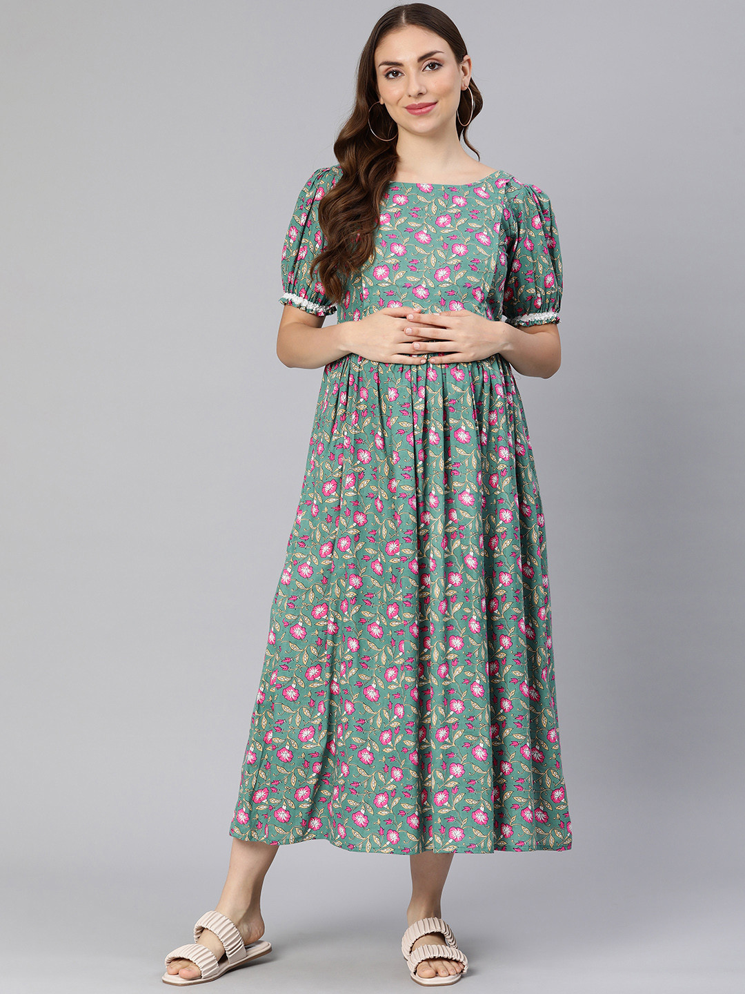 

Swishchick Floral Print Puff Sleeve Maternity Fit & Flare Midi Dress, Blue