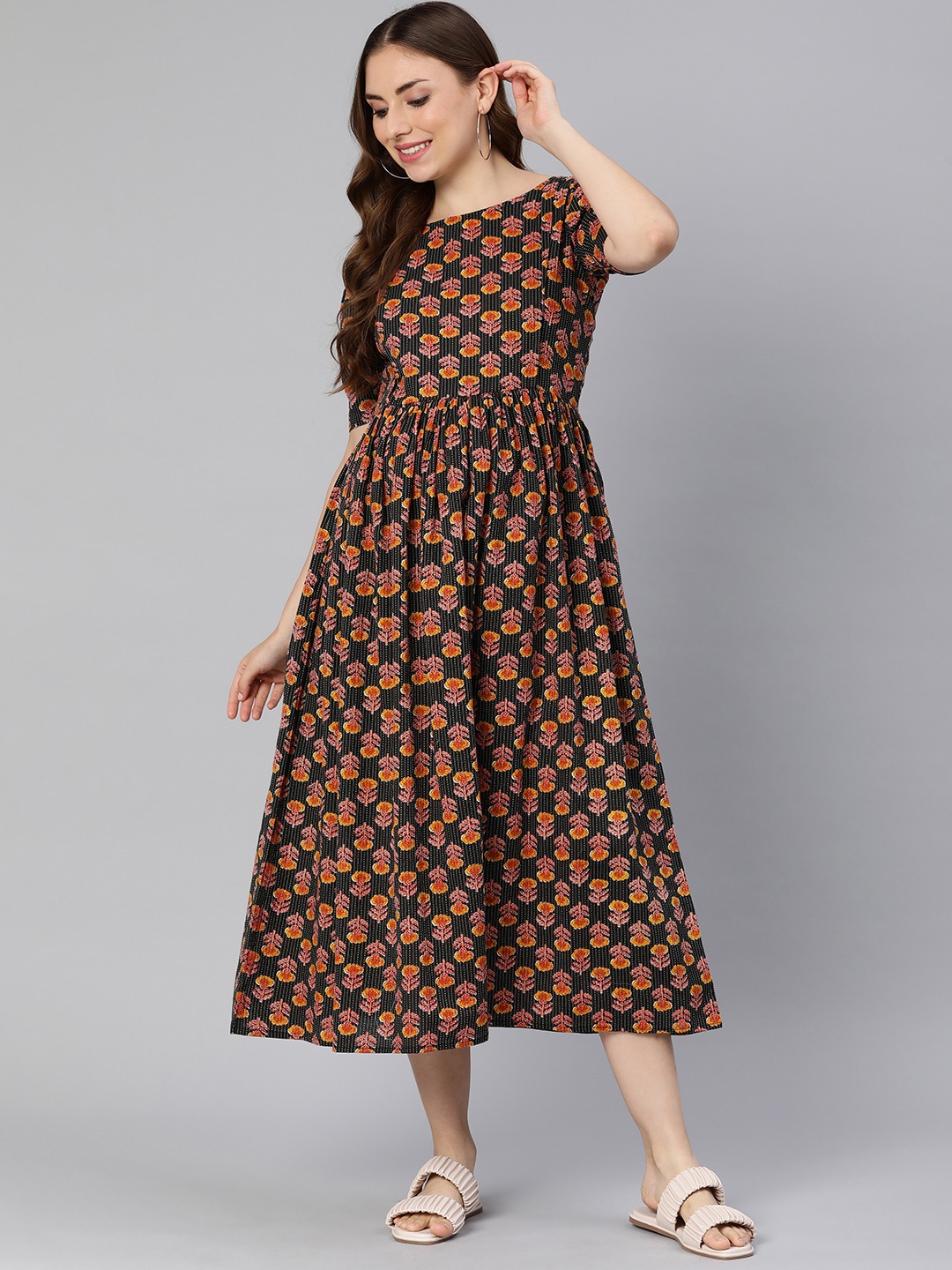 

Swishchick Floral Print Puff Sleeve Maternity Fit & Flare Midi Dress, Black