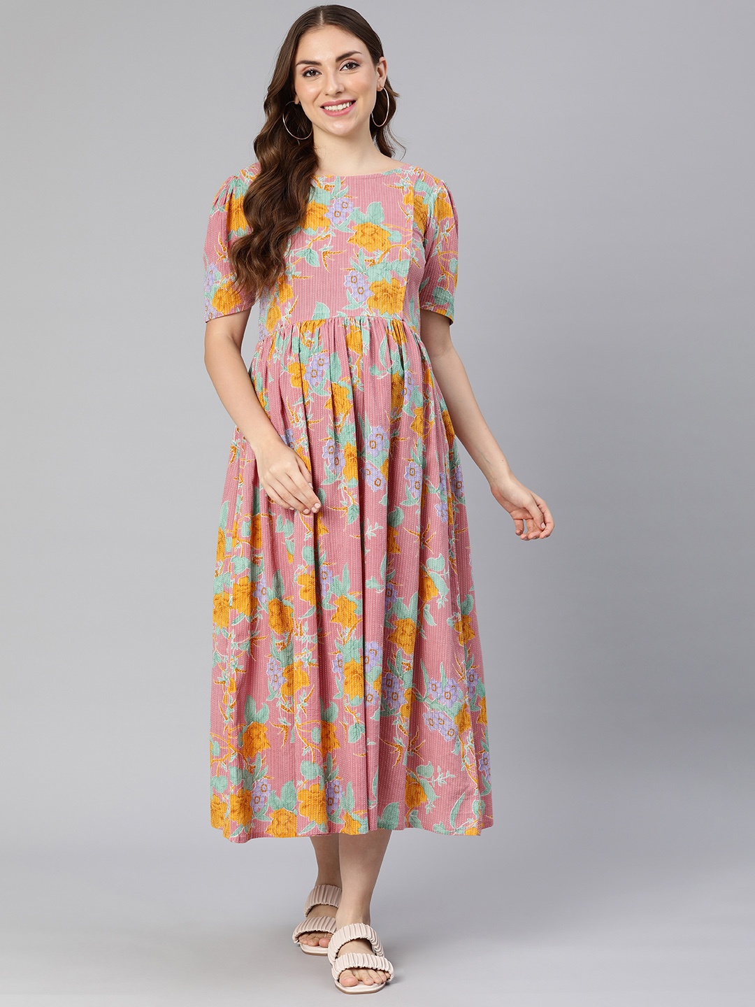 

Swishchick Floral Print Puff Sleeve Maternity Fit & Flare Midi Dress, Pink