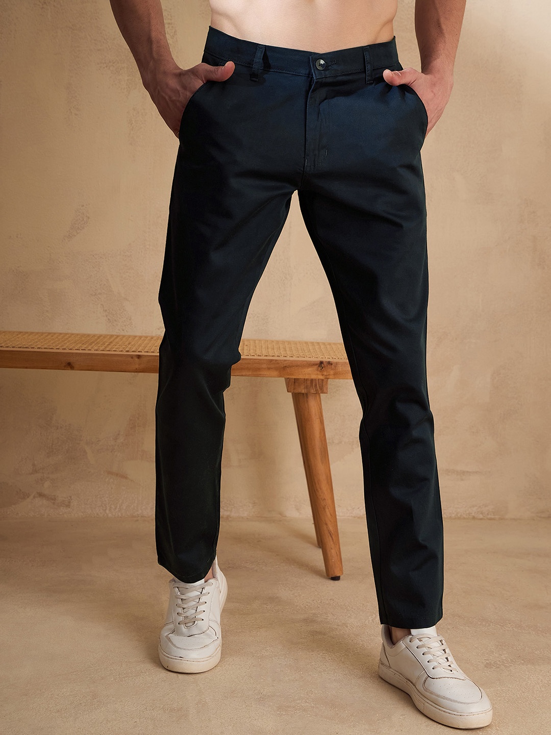 

DENNISON Men Relaxed Straight Fit Cotton Chinos, Navy blue