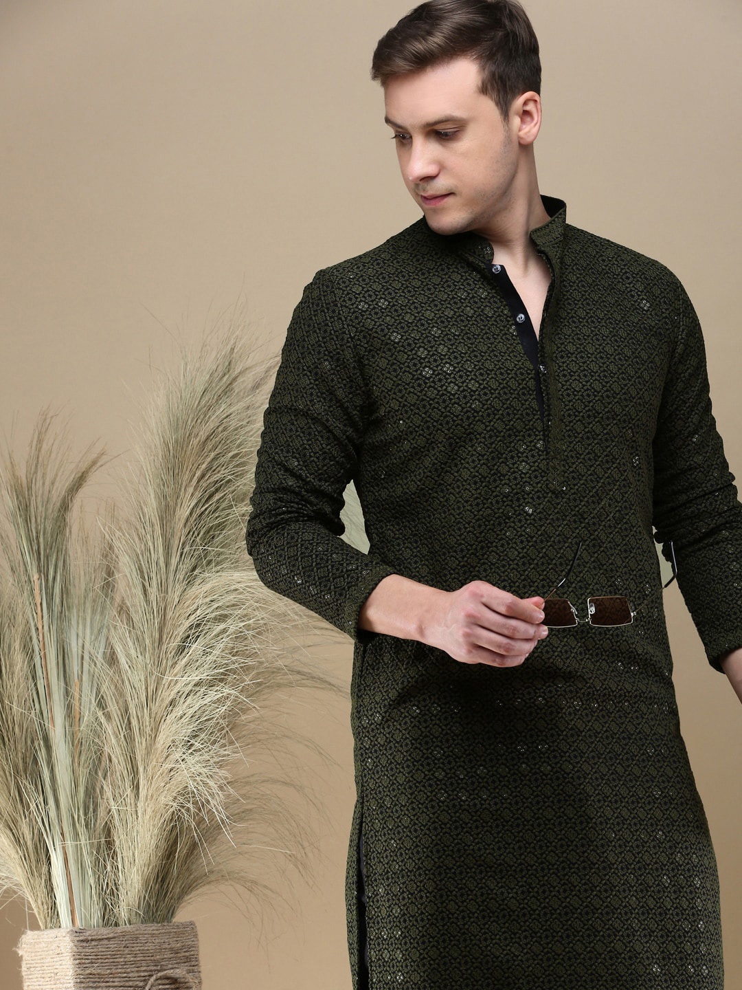 

Anouk Ethnic Motifs Chikankari Embroidered Flared Sleeves Thread Work Kurta, Green