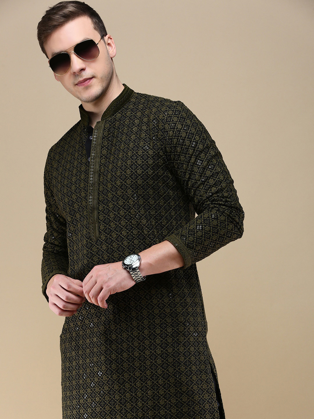 

Anouk Green Ethnic Motifs Embroidered Mandarin Collar Chikankari Straight Kurta