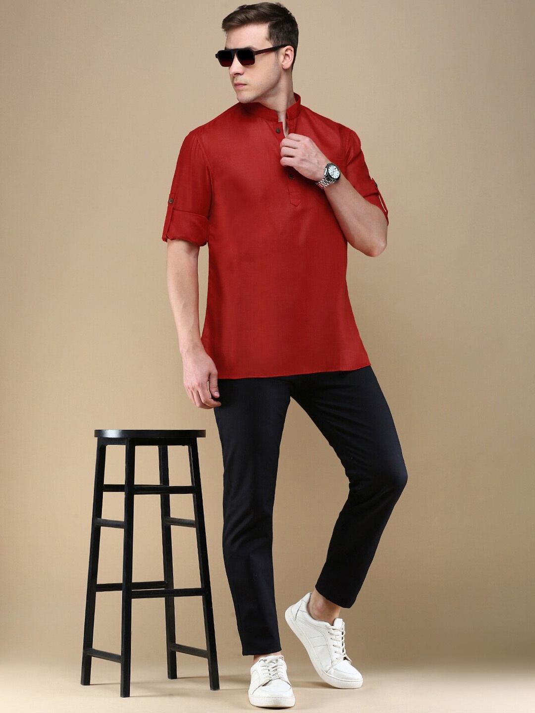 

Anouk Mandarin Collar Roll-Up Sleeves Cotton Straight Short Kurta, Red