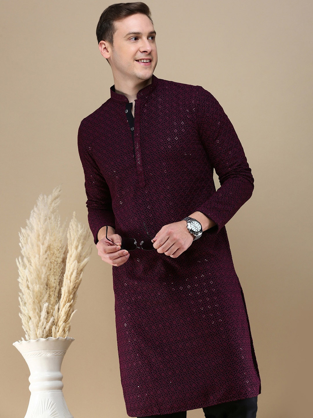 

Anouk Purple Ethnic Motifs Embroidered Mandarin Collar Chikankari Straight Kurta