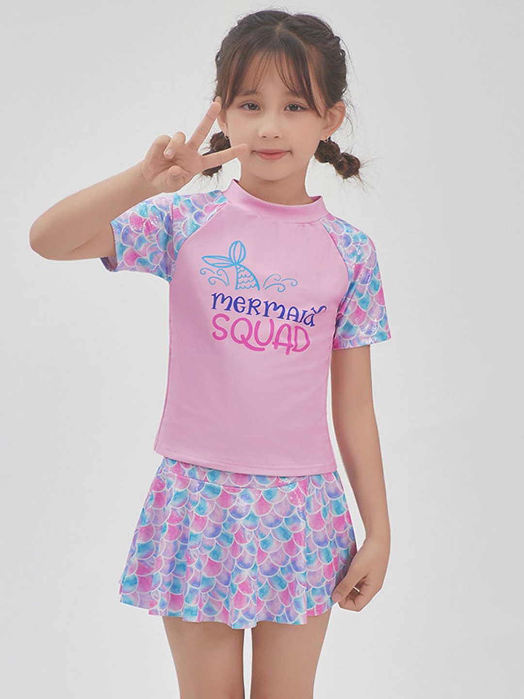 

Little Surprise Box LLP Girls Mermaid Printed Swim Set With Bag, Pink