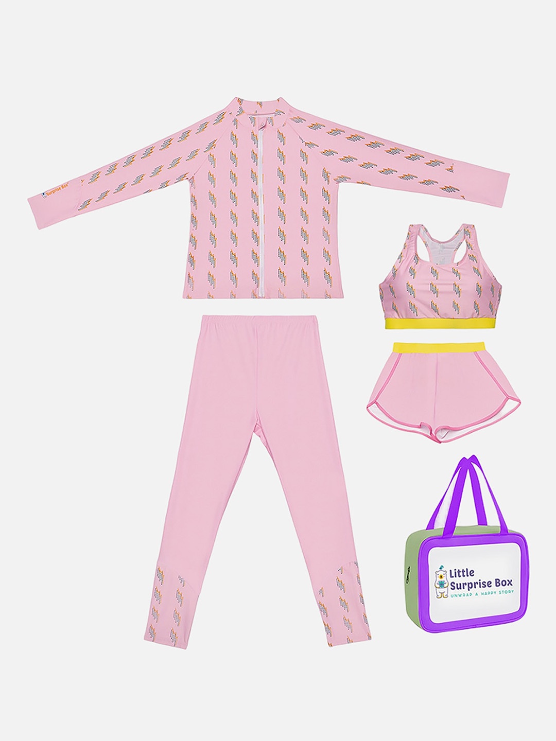 

Little Surprise Box LLP Kids Set Of 3 Printed Top With Attached Leggings & Jacket, Pink