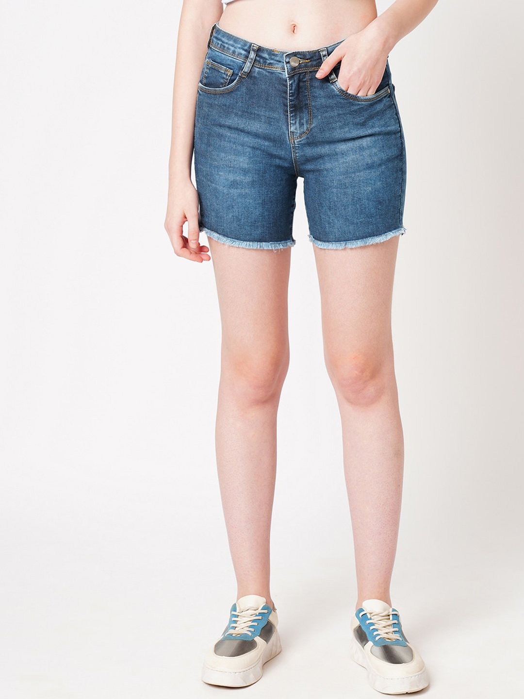 

Kraus Jeans Women Washed Slim Fit High-Rise Cotton Denim Shorts, Blue