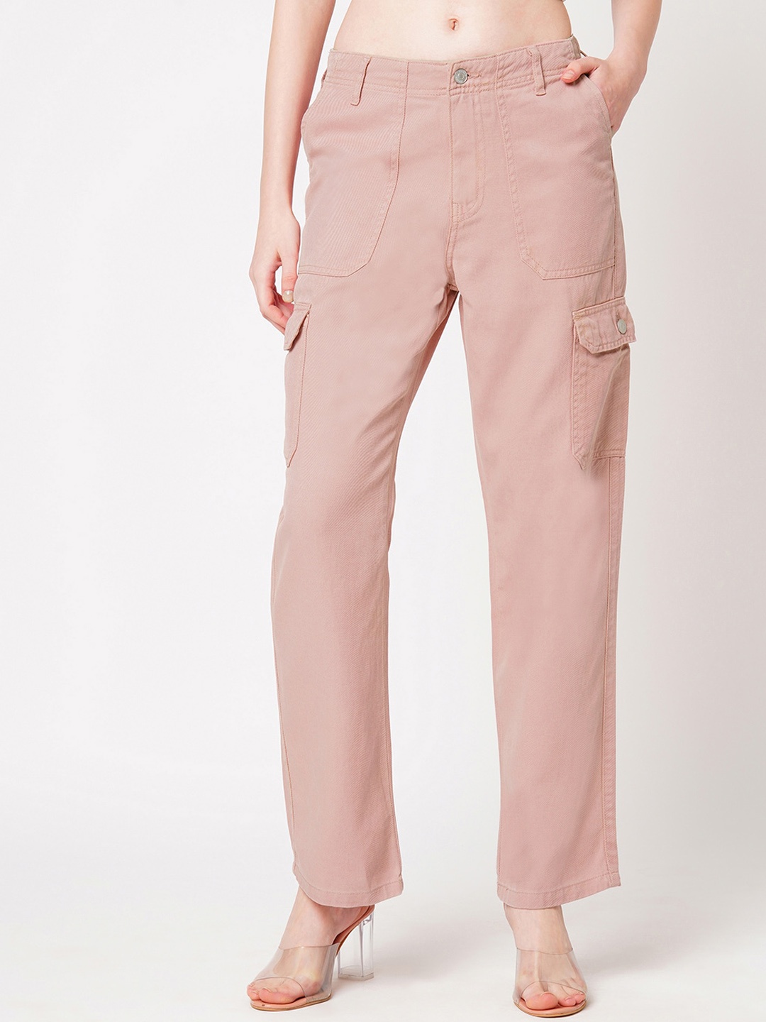 

Kraus Jeans Women Loose Fit High Rise Cargos Trousers, Pink