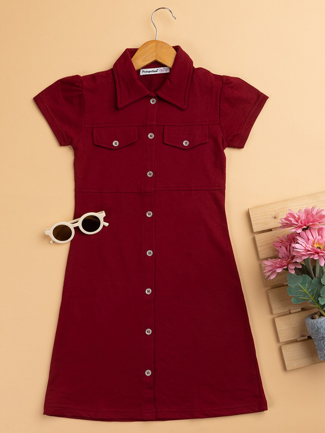

PAMPOLINA Girls Shirt Collar Cotton Shirt Dress, Maroon