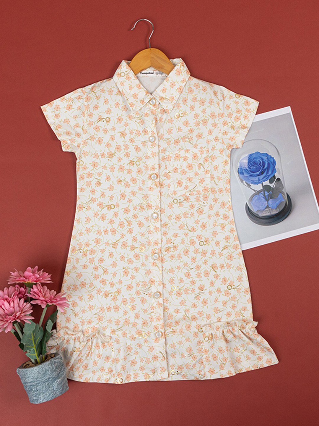 

PAMPOLINA Floral Printed Shirt Collar Tiered Detail Cotton Shirt Dress, Yellow
