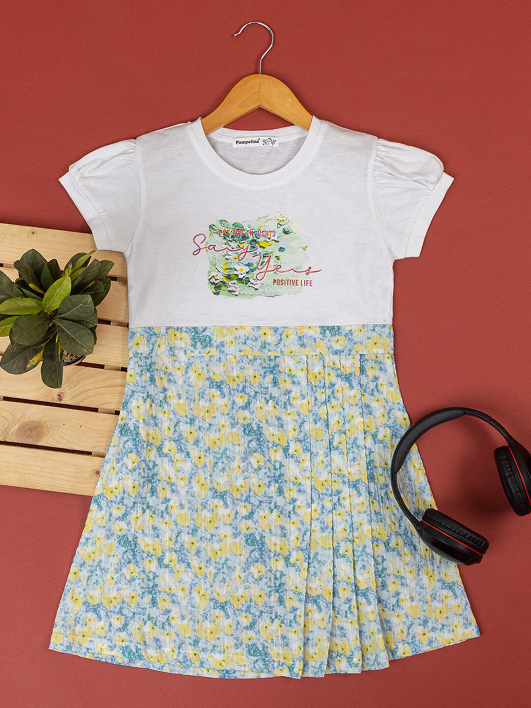 

PAMPOLINA Girls Floral Print Puff Sleeves Cotton A-Line Dress, Yellow