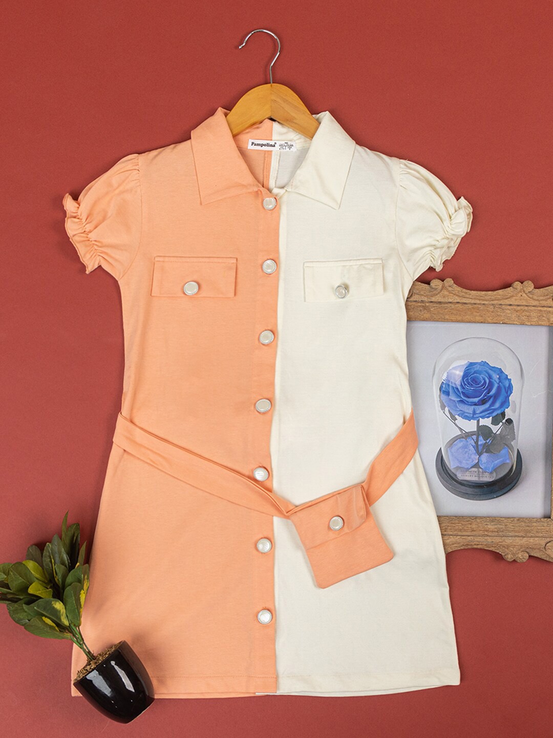 

PAMPOLINA Girls Colourblocked Puff Sleeves Cotton Shirt Dress With Belt, Peach