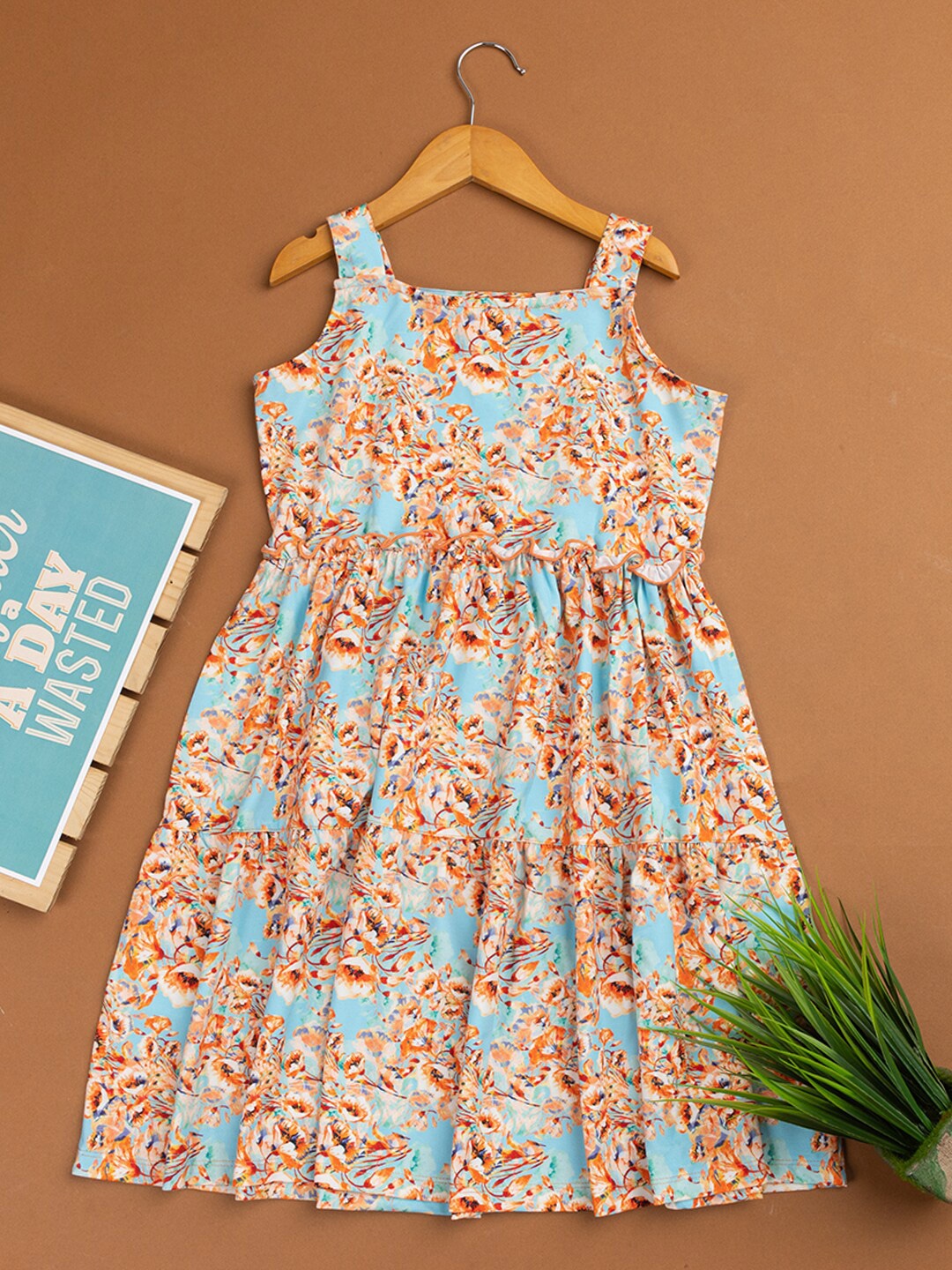 

PAMPOLINA Girls Floral Print Shoulder Strap Cotton Pleated Fit & Flare Dress, Yellow