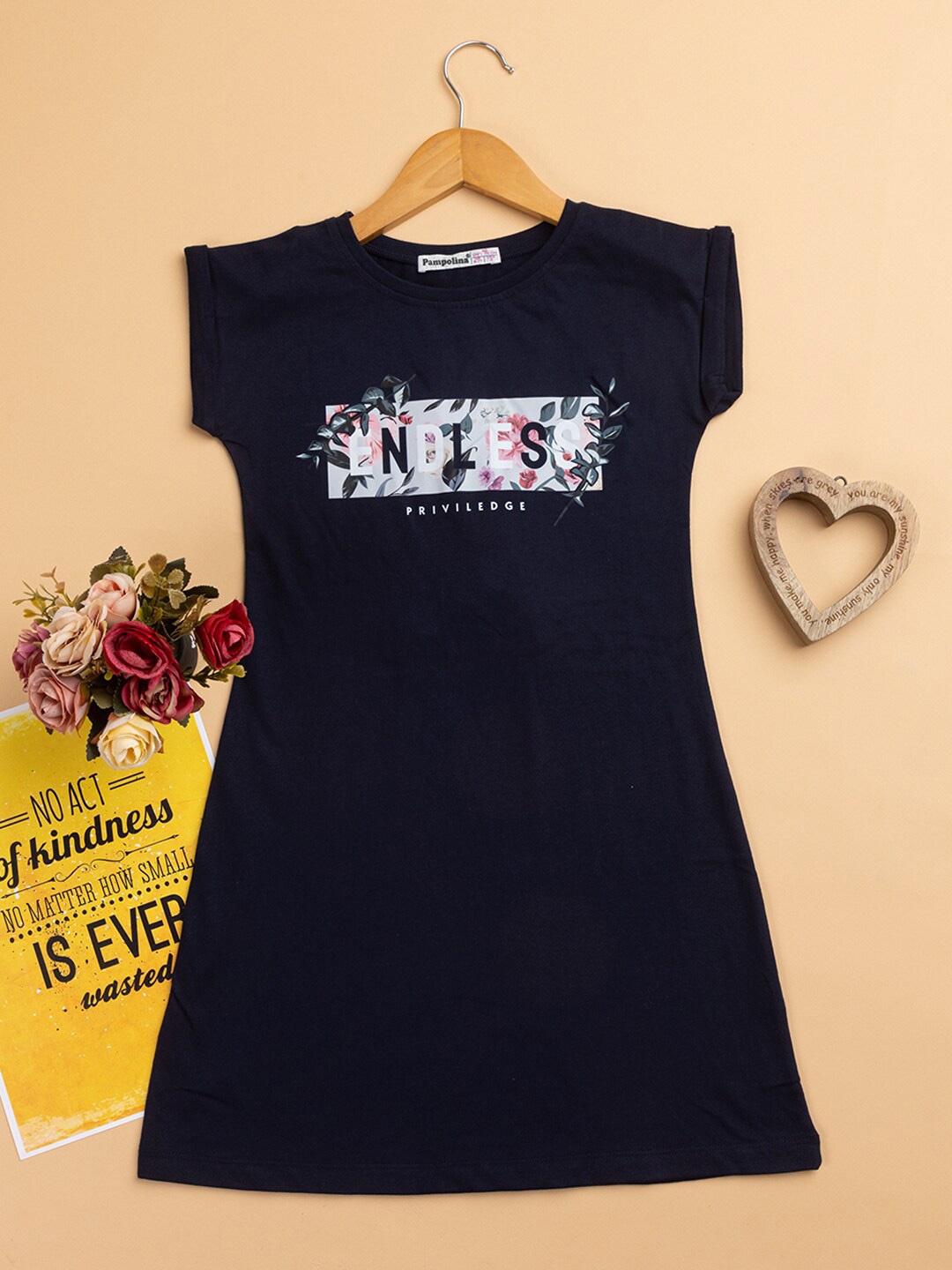 

PAMPOLINA Girls Typography Printed Cotton T-shirt Dress, Navy blue