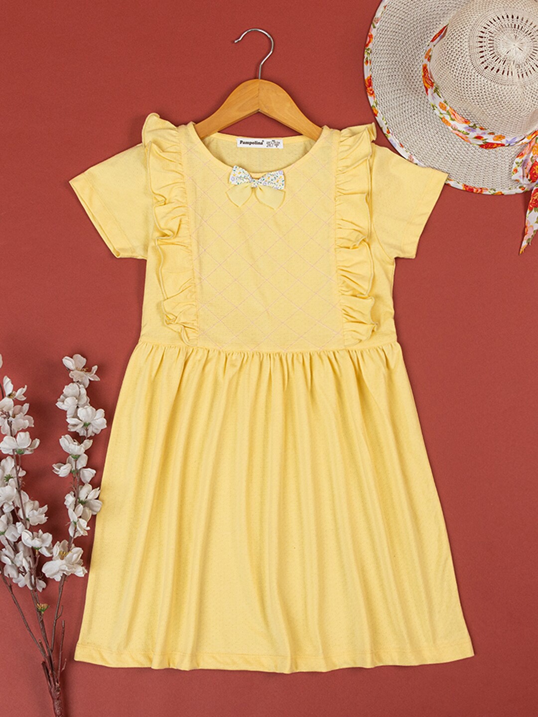 

PAMPOLINA Girls Cotton PLeated Fit & Flare Dress, Yellow