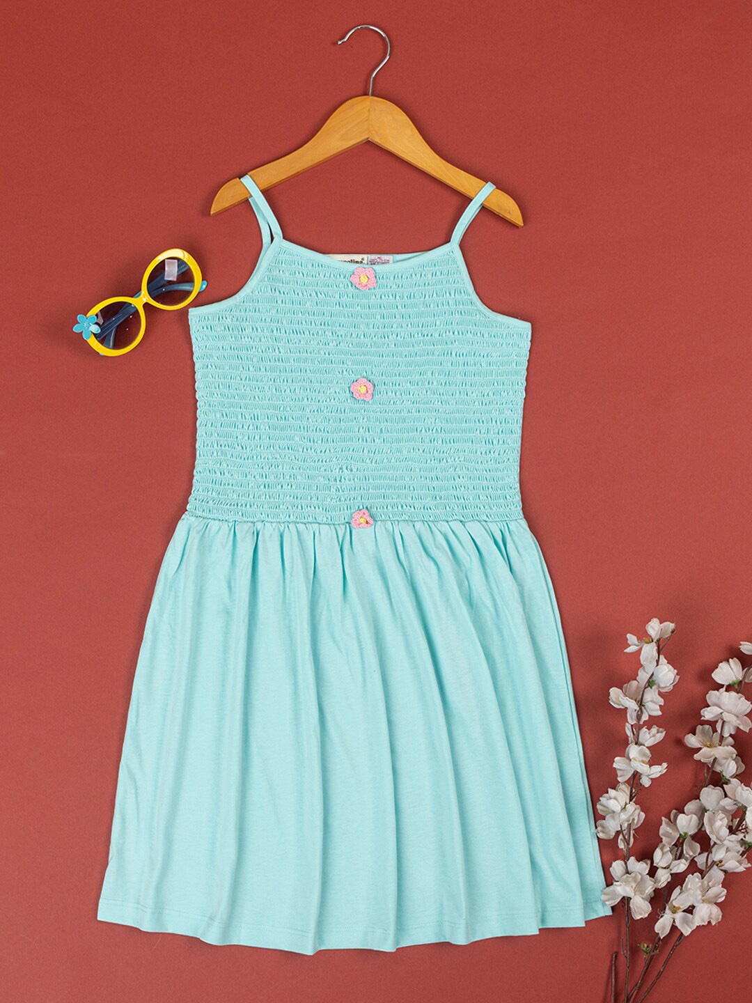 

PAMPOLINA Girls Smocked Shoulder Strap Cotton Fit & Flare Dress, Blue