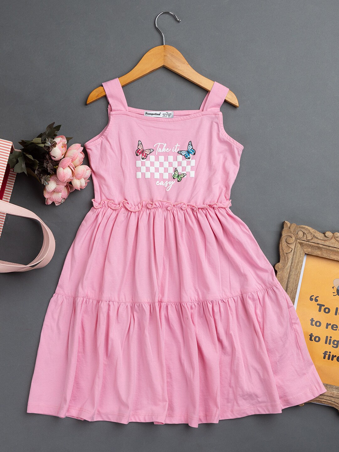 

PAMPOLINA Girls Geometric Printed Shoulder Straps Tiered Detail Cotton Fit & Flare Dress, Pink