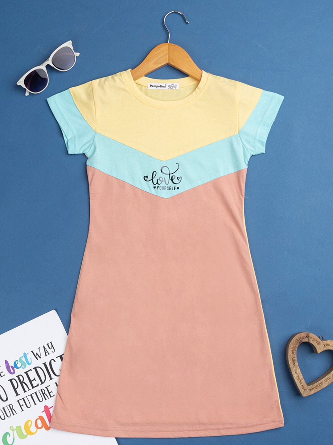 

PAMPOLINA Girls Colourblocked Cotton A-Line Dress, Yellow