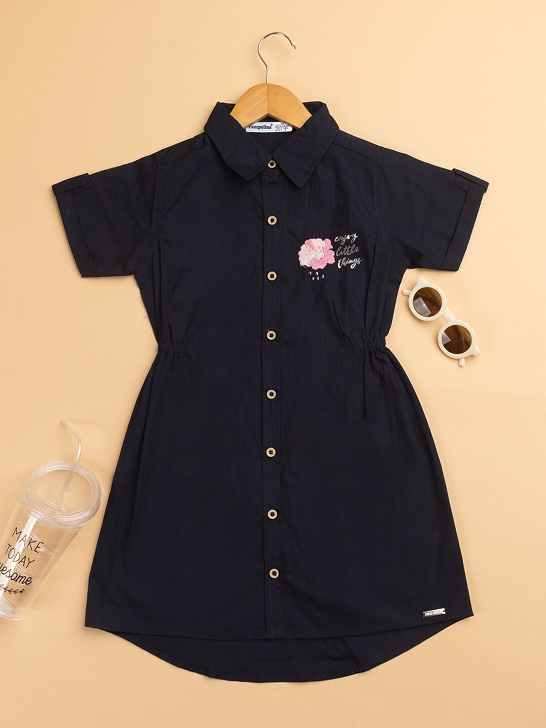 

PAMPOLINA Girls Shirt Collar Roll-Up Sleeves Cotton Shirt Dress, Navy blue