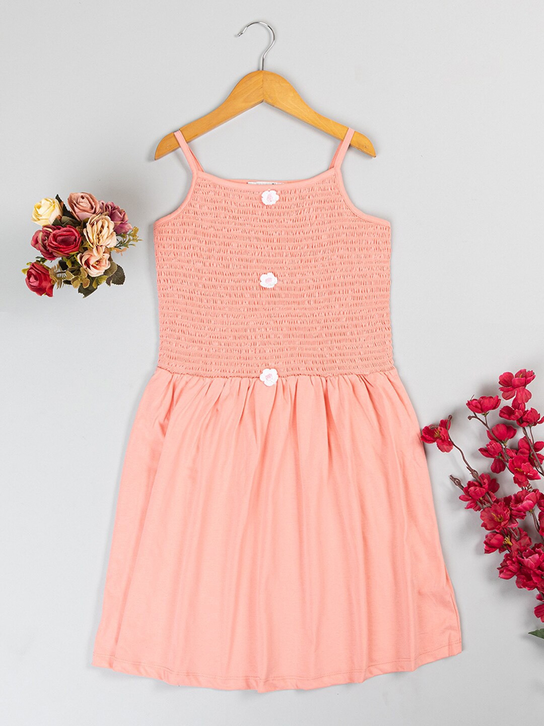 

PAMPOLINA Girls Smocked Shoulder Strap Cotton Fit & Flare Dress, Peach