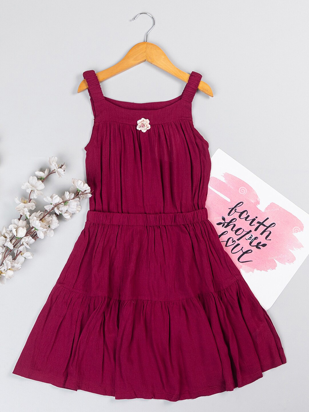 

PAMPOLINA Girls Shoulder Straps Tiered Detail Fit & Flare Dress, Burgundy