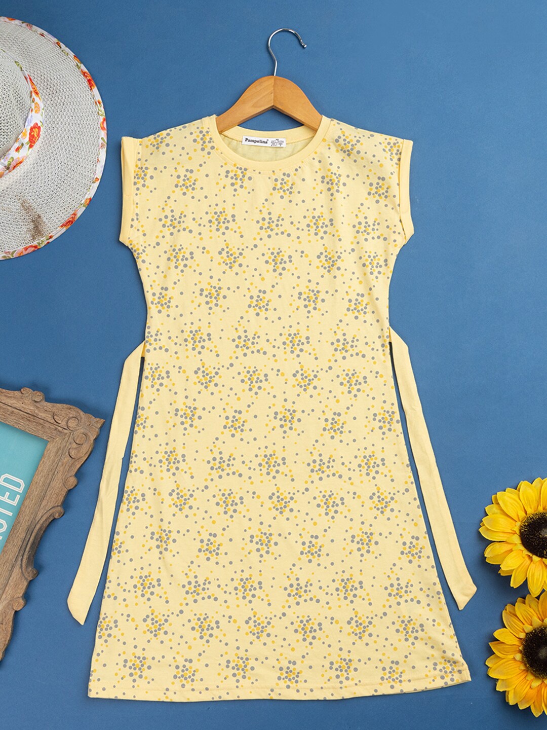 

PAMPOLINA Girls Polka Dot Print Extended Sleeves Cotton A-Line Dress With Belt, Yellow