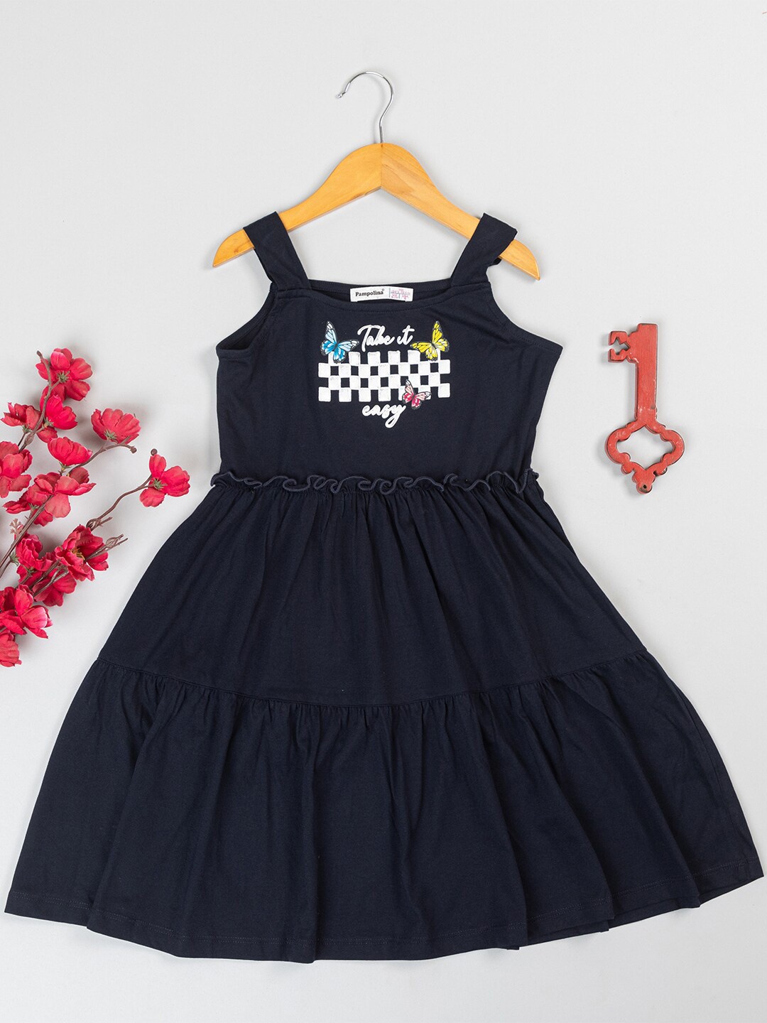 

PAMPOLINA Girls Abstract Printed Shoulder Strap Cotton Fit & Flare Dress, Navy blue