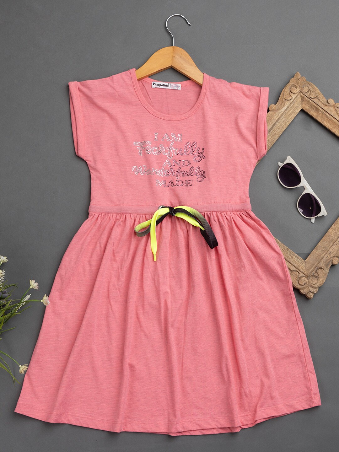 

PAMPOLINA Girls Embellished Pleated Cotton Fit & Flare Dress, Pink
