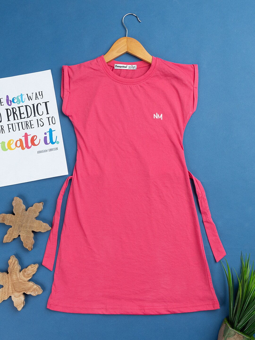 

PAMPOLINA Girls Extended Sleeves A-Line Cotton Dress With Belt, Pink