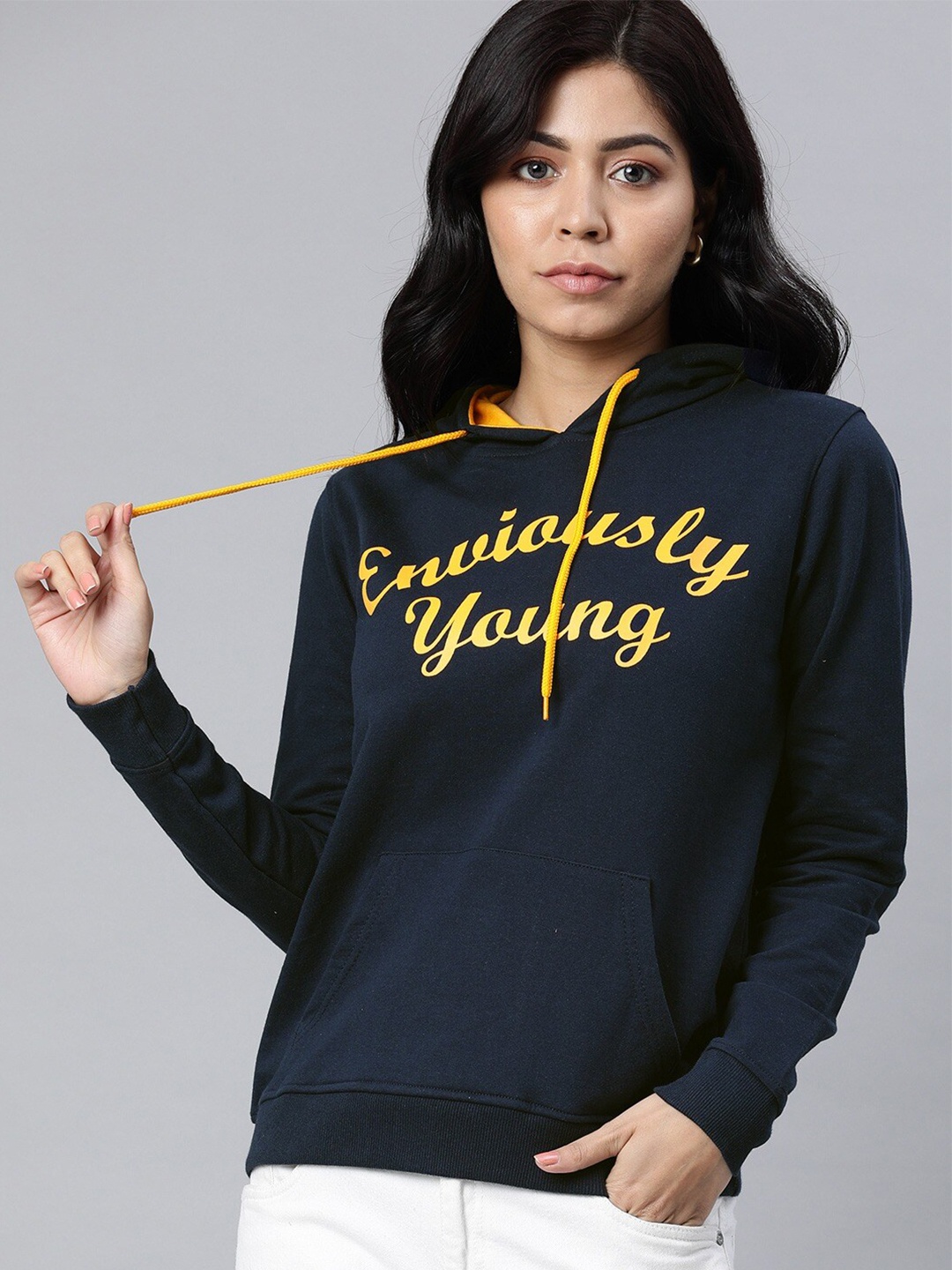 

Enviously Young Typography Printed Hooded Pure Cotton Sweatshirt, Navy blue