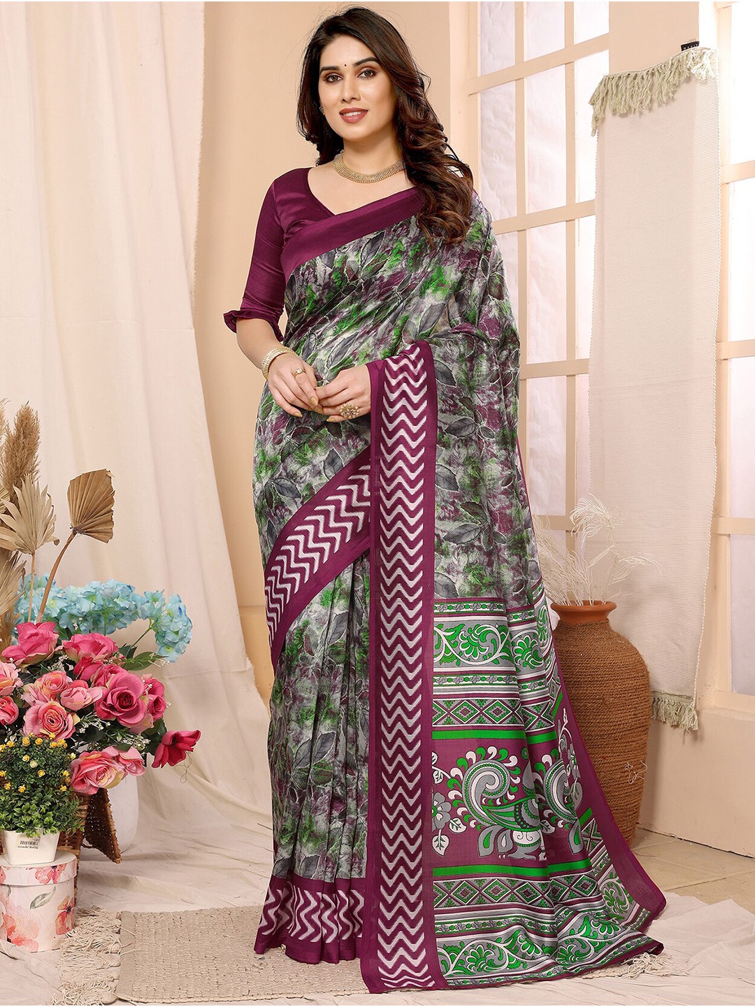 

KALINI Floral Printed Mysore Silk Saree, Purple