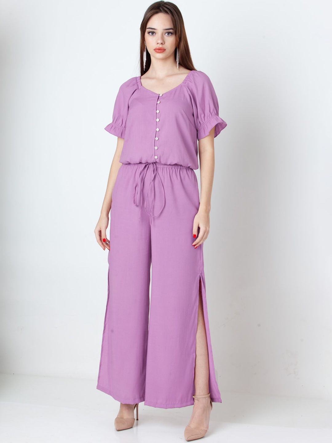 

Zink London Sweetheart Neck Puffed Sleeves Crop Top With Wide Leg Palazzos, Purple