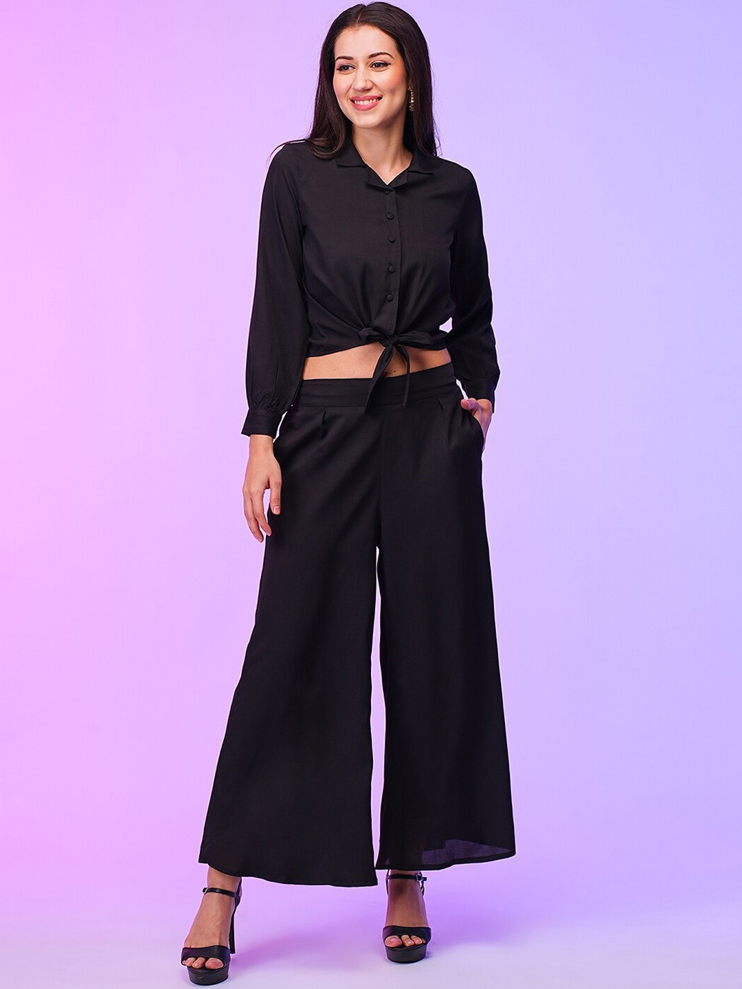 

Globus Front Lapel Collar Tie Up Crop Top With Palazzos, Black