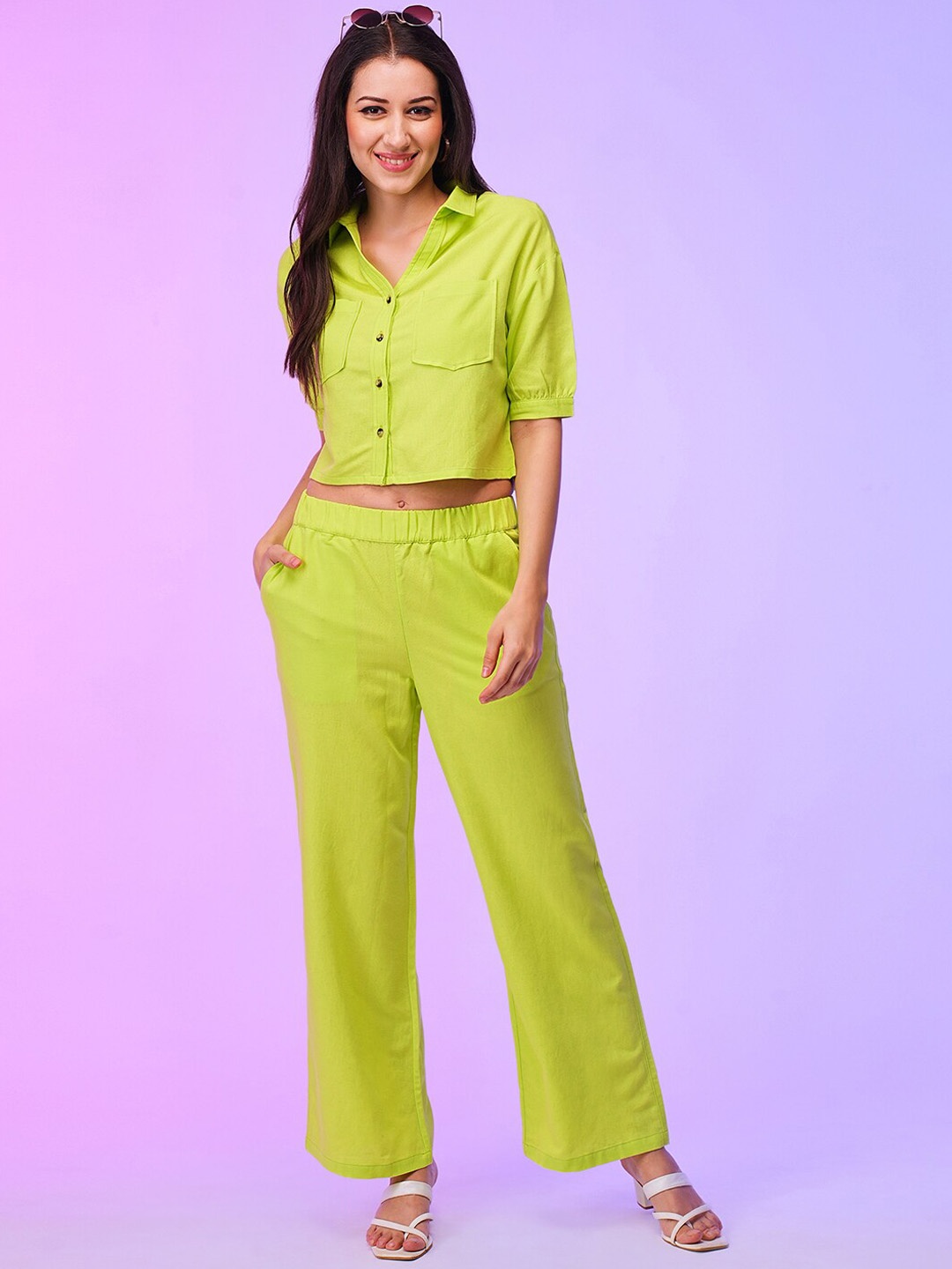 

Globus Shirt Collar Crop Boxy Shirt & Wide Leg Trouser, Lime green