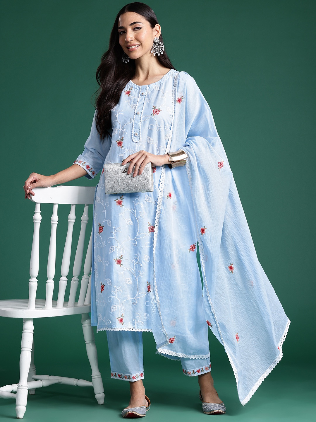 

Indo Era Women Ethnic Motifs Embroidered Regular Thread Work Pure Cotton Kurta with Trousers & With Dupatta, Blue