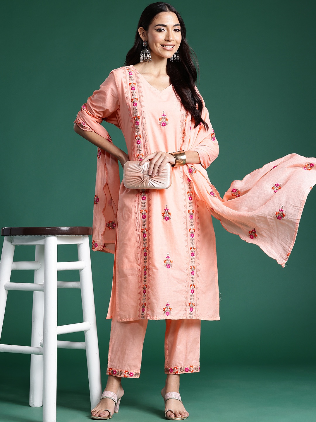 

Indo Era Women Floral Embroidered Regular Thread Work Pure Cotton Kurta with Trousers & With Dupatta, Peach