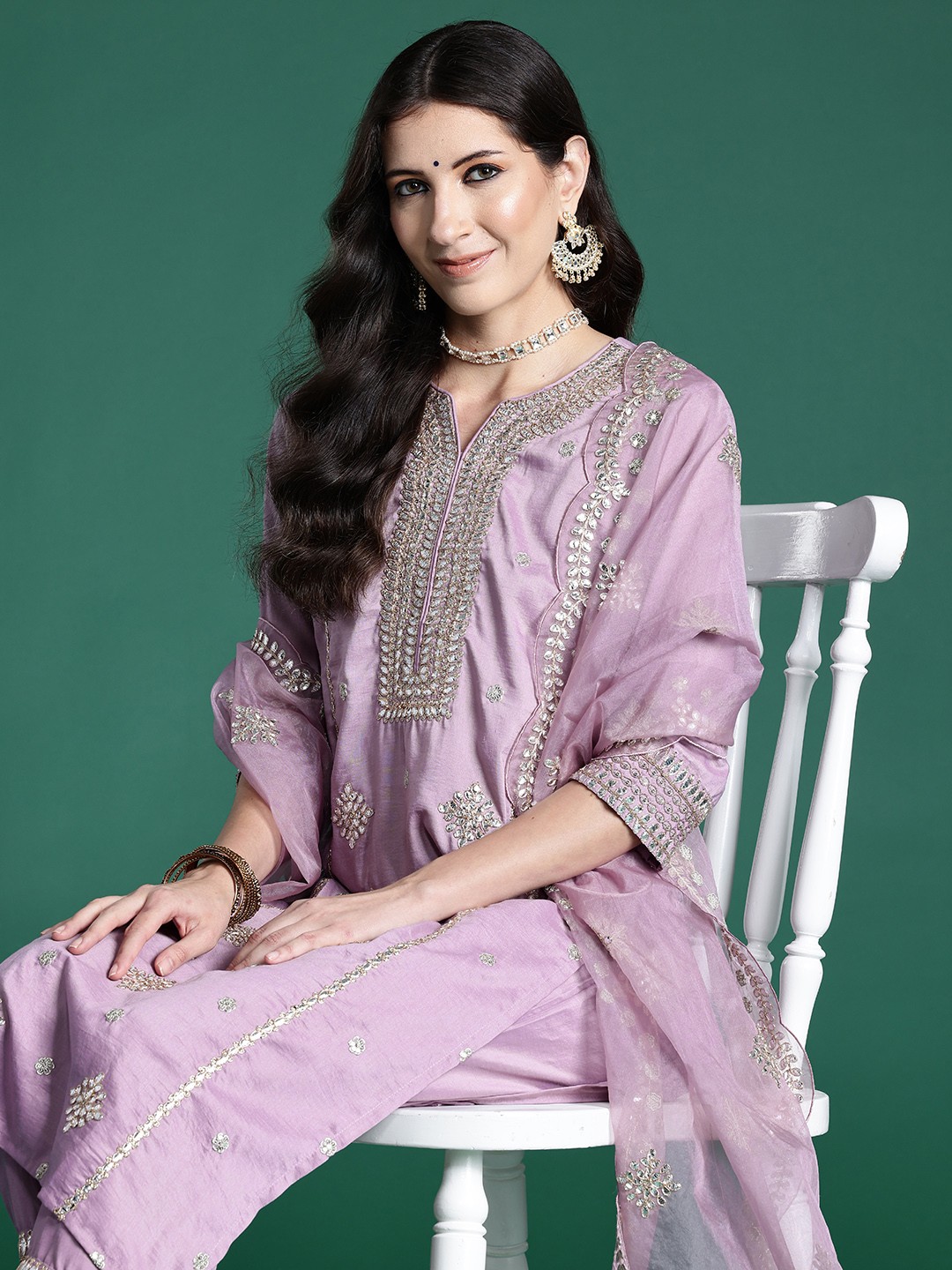 

Indo Era Women Ethnic Motifs Embroidered Regular Gotta Patti Kurta with Trousers & With Dupatta, Lavender