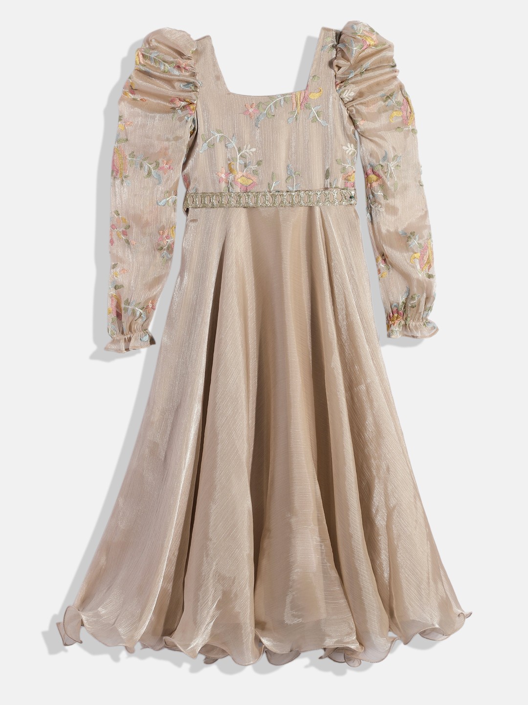 

Ethnovog Floral Embroidered Puff Sleeve Maxi Dress, Peach