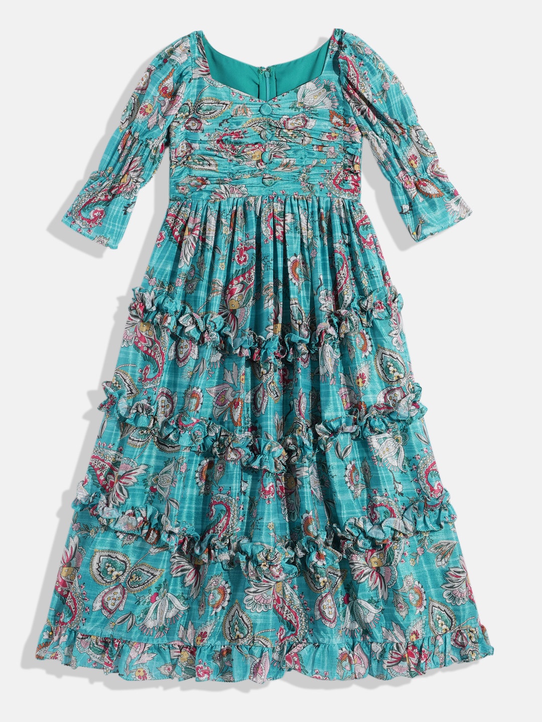 

Ethnovog Girls Ethnic Motifs Print Bell Sleeve Ruffled Maxi Dress, Turquoise blue